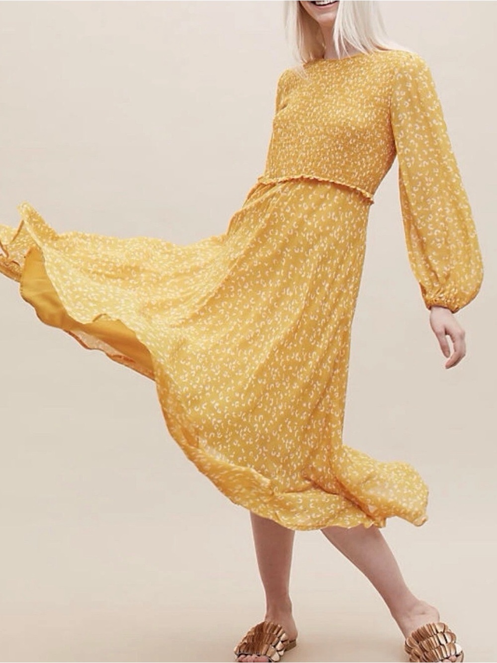 Ghost London Margaux leopard print yellow dress fall size S